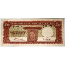 AUSTRALIA 1940 . TEN 10 POUNDS BANKNOTE . SHEEHAN/McFARLANE . FIRST PREFIX V3